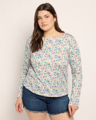Purple/Peach Floral $|& Bobeau Brushed DTY Boat Neck Long Sleeve Top - SOF Front