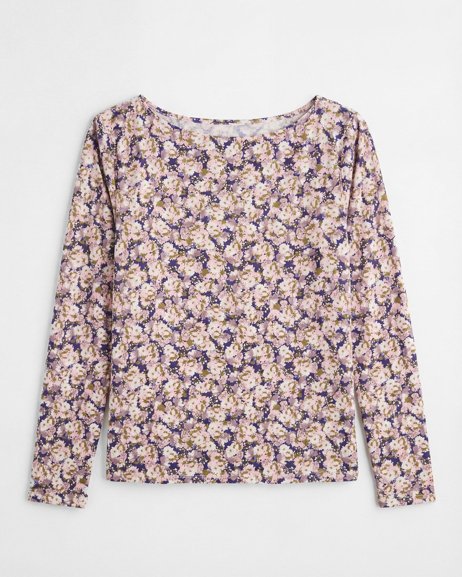 Purple Floral $|& Bobeau Brushed DTY Boat Neck Long Sleeve Top - VOF Detail