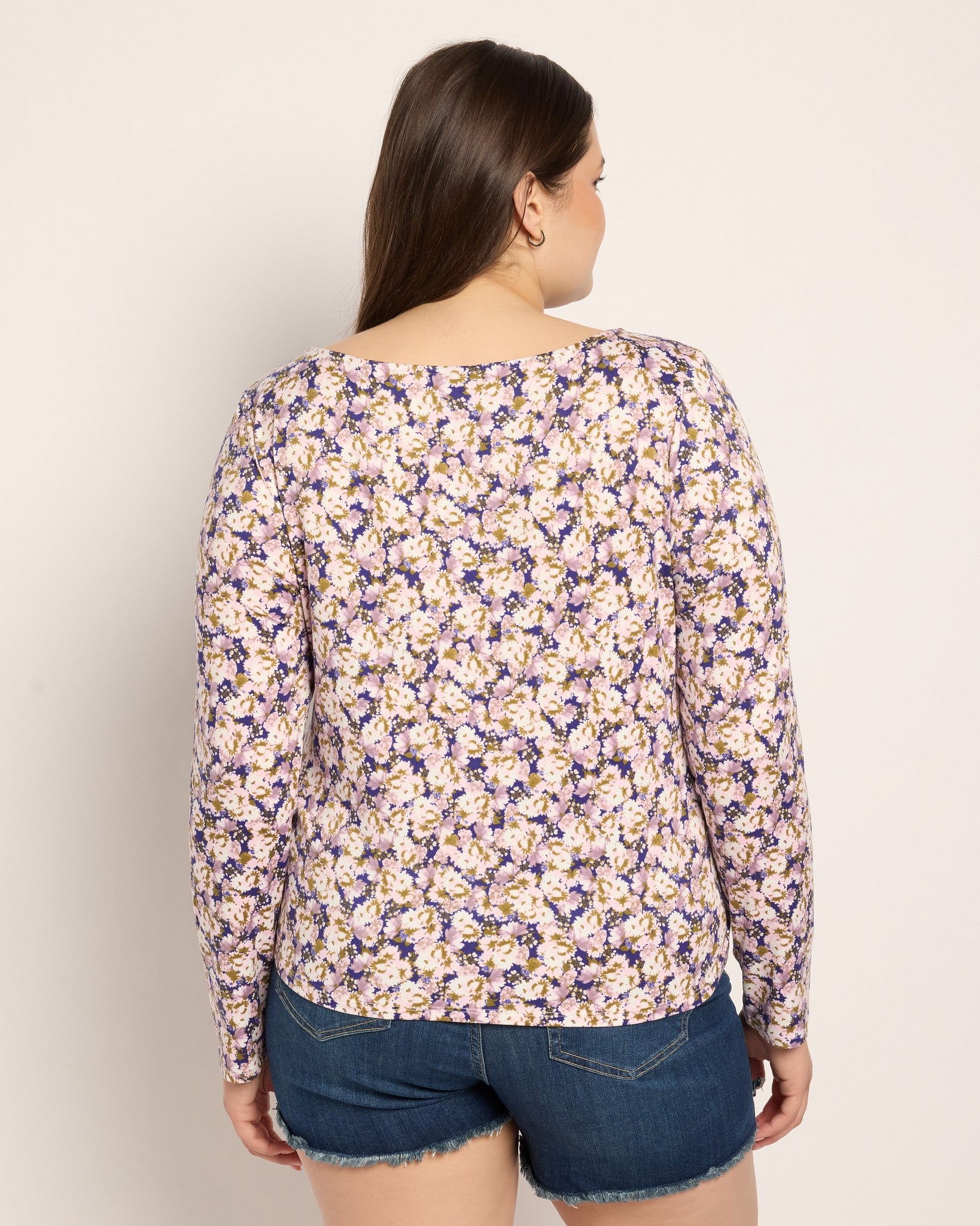 Purple Floral $|& Bobeau Brushed DTY Boat Neck Long Sleeve Top - SOF Back
