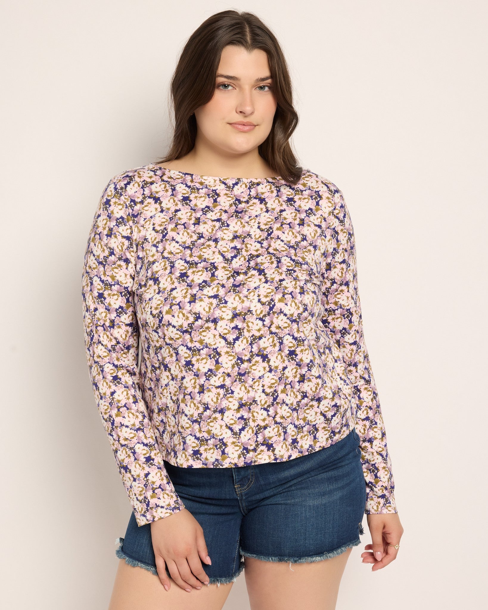 Purple Floral $|& Bobeau Brushed DTY Boat Neck Long Sleeve Top - SOF Front