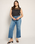 Black White Dot $|& Loveappella Mesh Yoke Ruffle Top - UGC On Fig