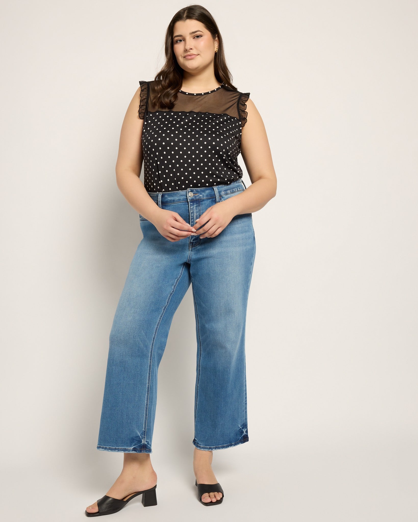 Black White Dot $|& Loveappella Mesh Yoke Ruffle Top - UGC On Fig