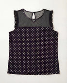 Black White Dot $|& Loveappella Mesh Yoke Ruffle Top - Hanger Detail