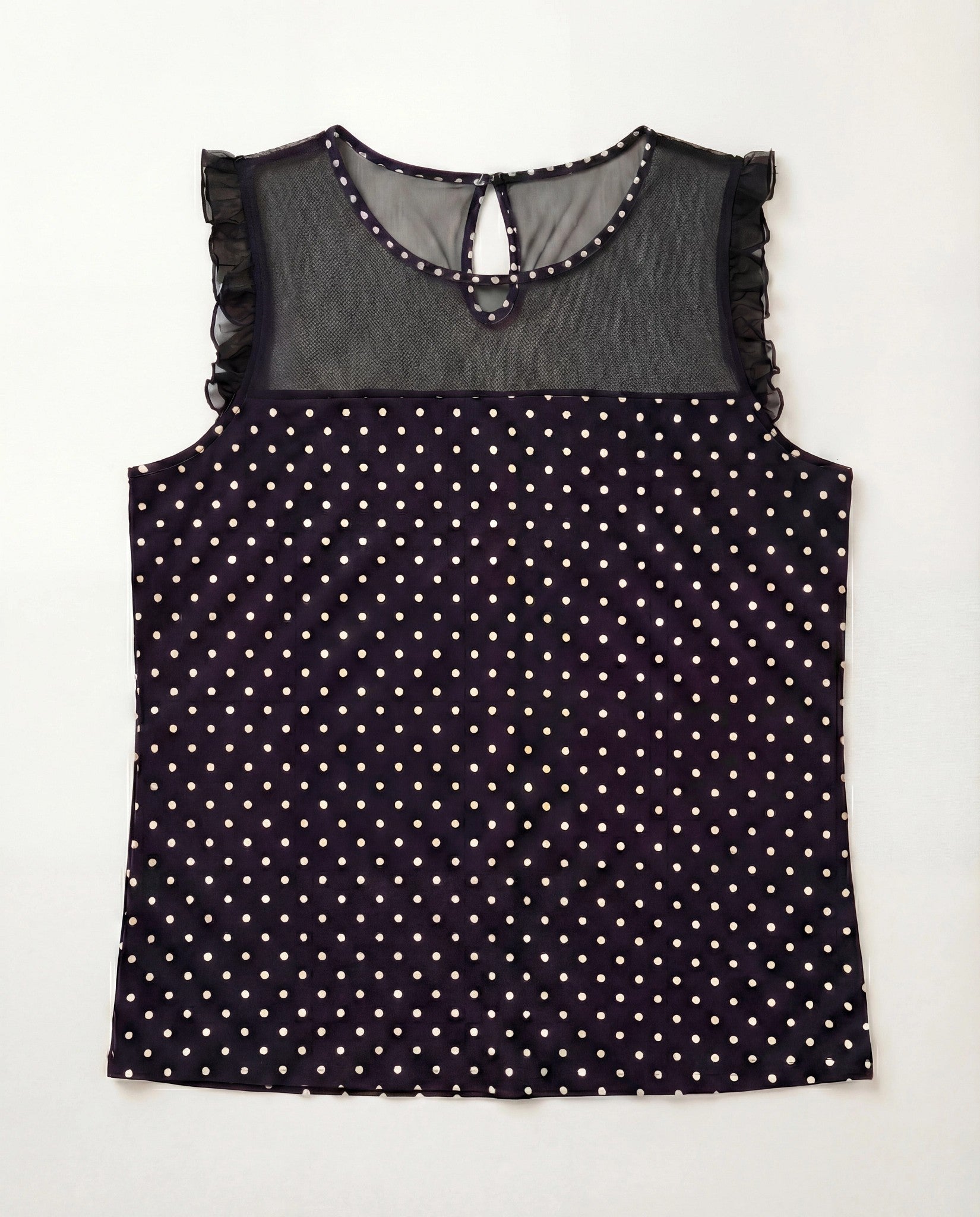 Black White Dot $|& Loveappella Mesh Yoke Ruffle Top - Hanger Detail