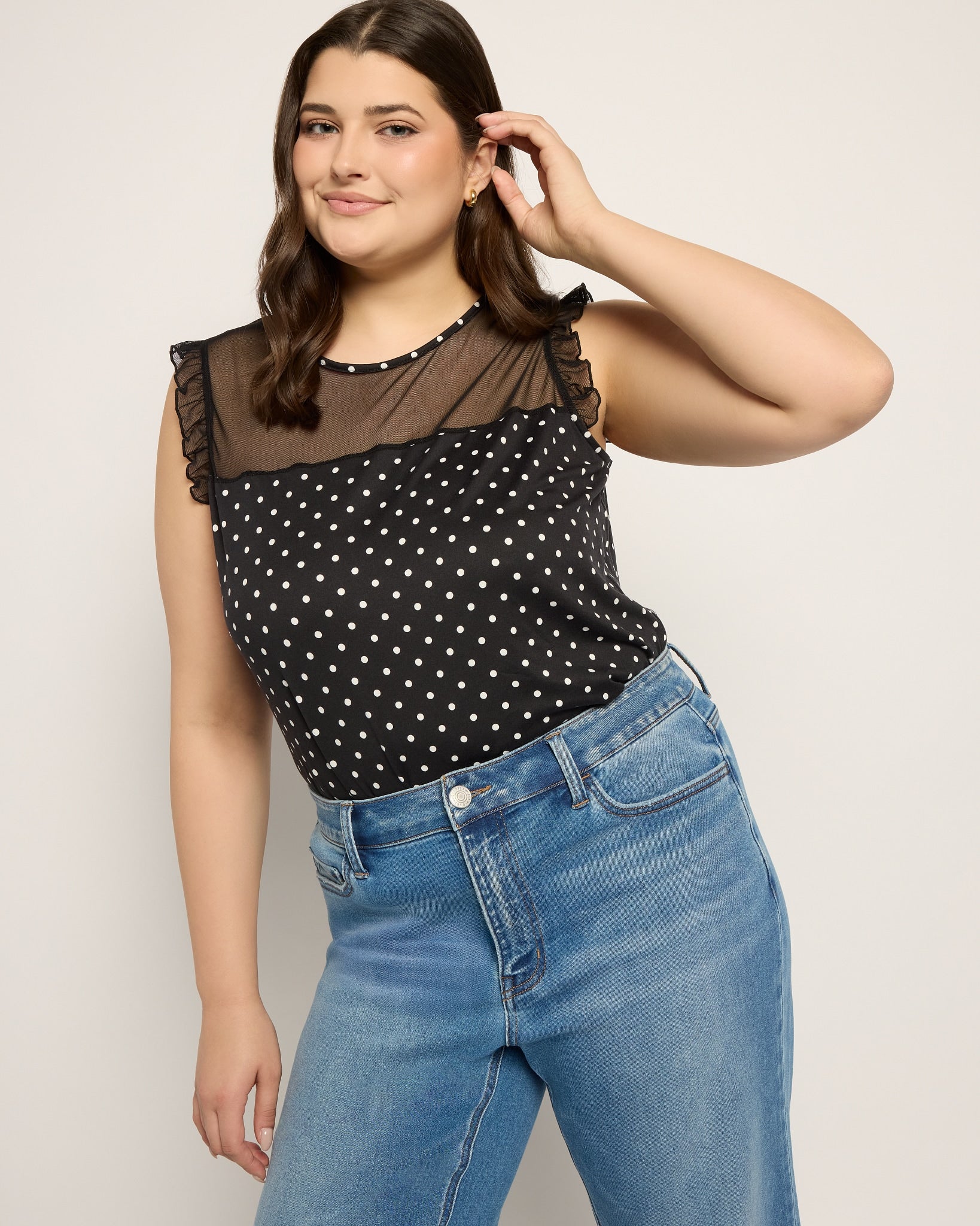 Black White Dot $|& Loveappella Mesh Yoke Ruffle Top - SOF Front