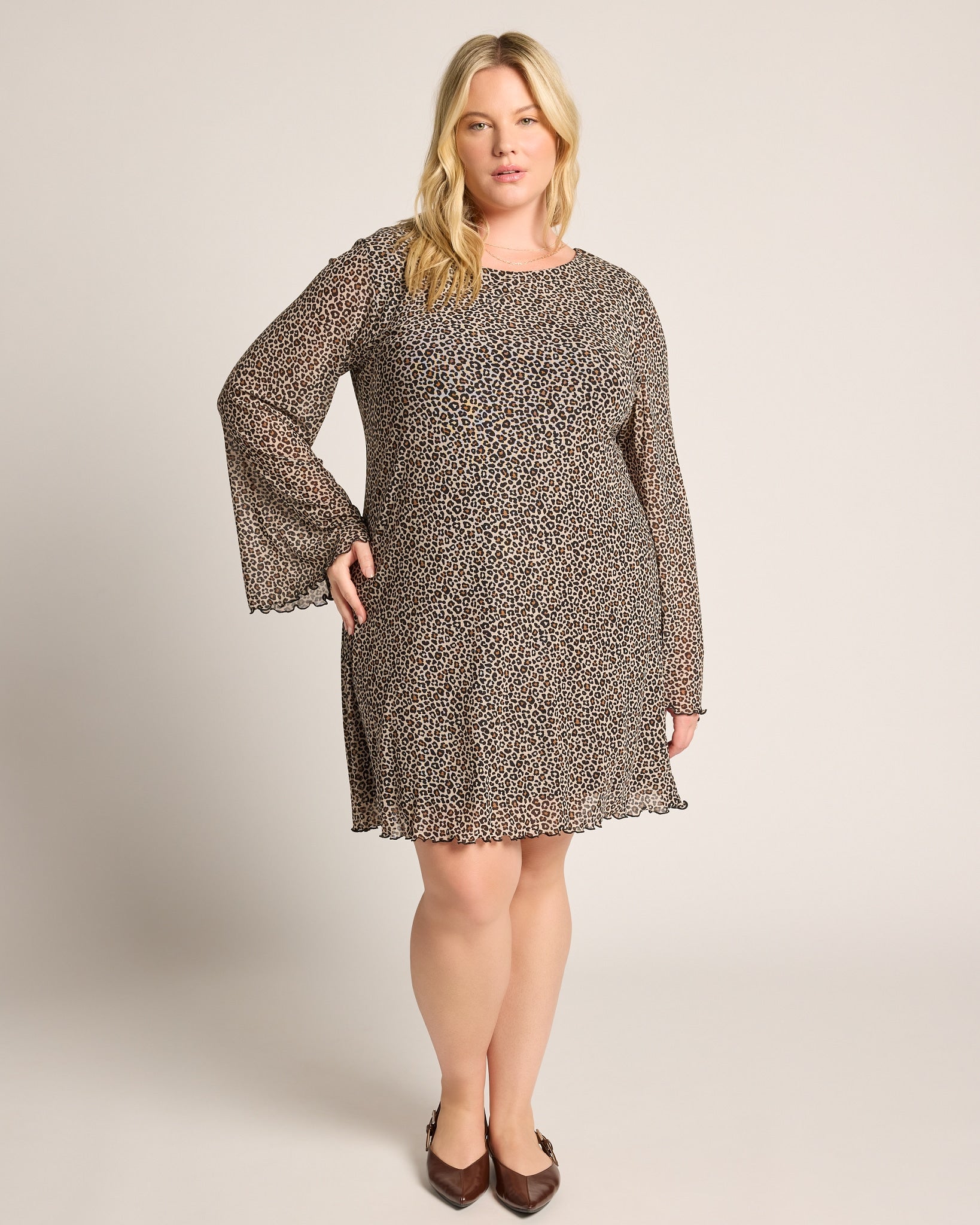 Leopard Mesh $|& Loveappella Long Sleeve Short Dress - SOF Full Front