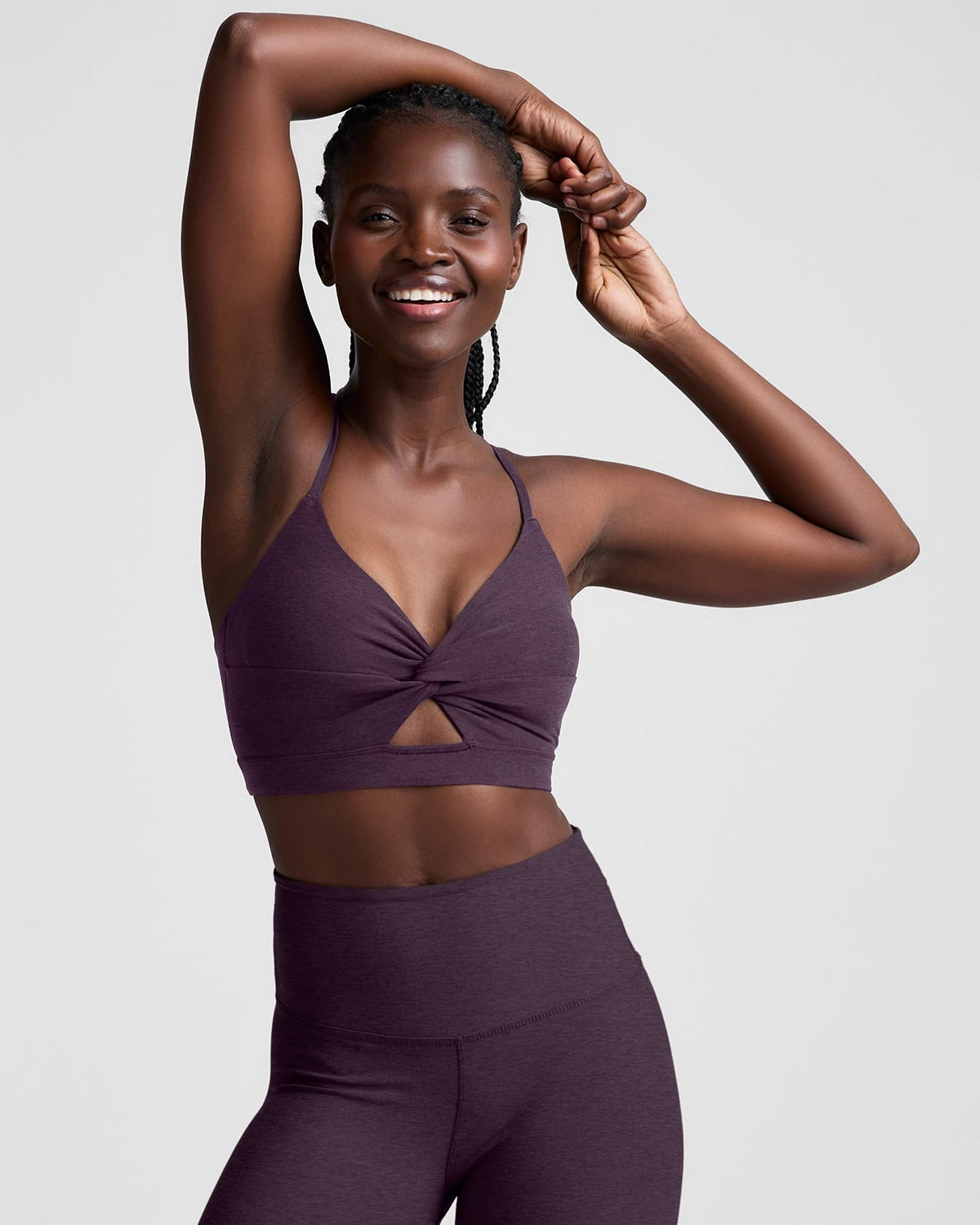 Brilliant Blackberry Heather $|& Beyond Yoga Twist Front Strappy Bra - VOF Detail