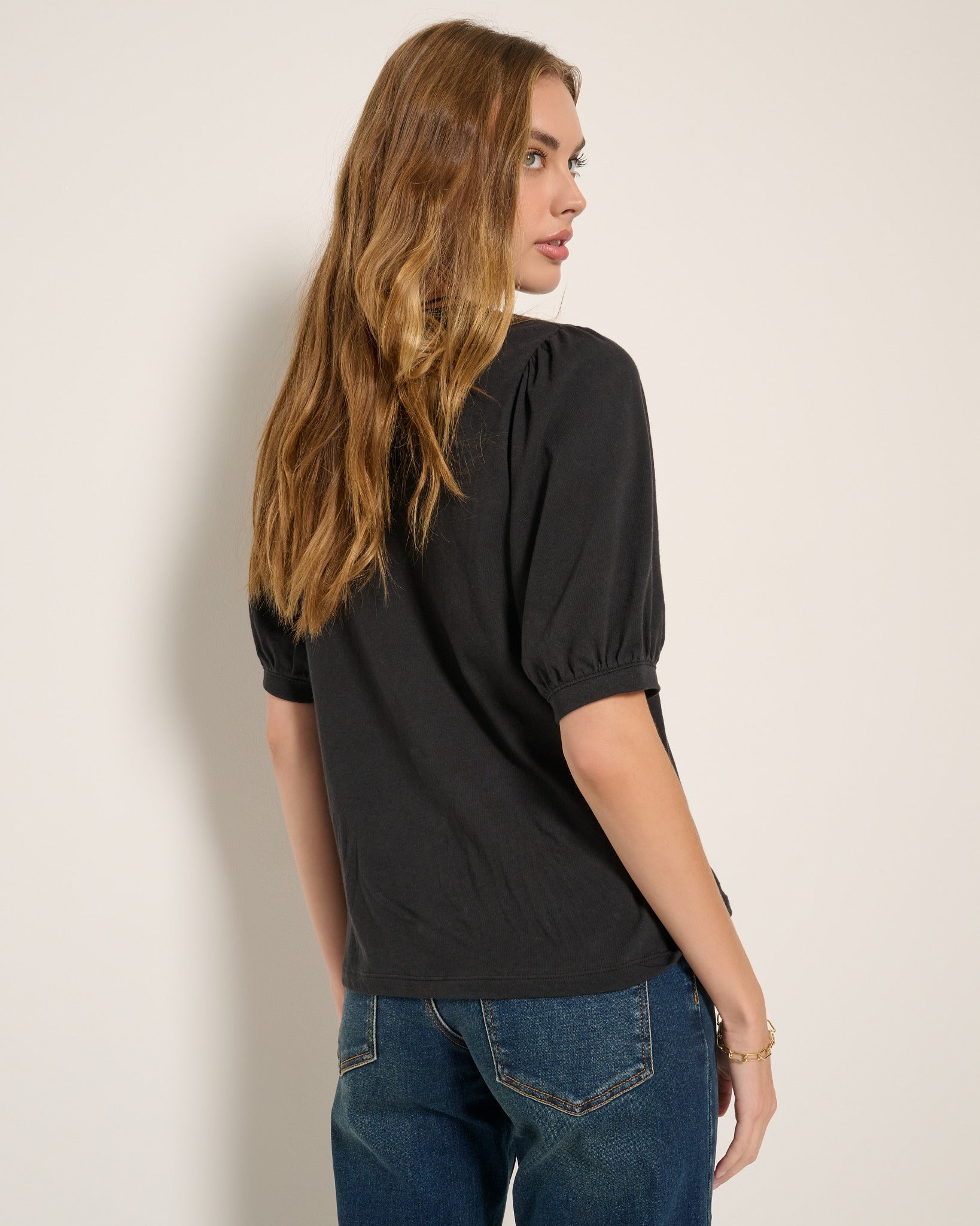 Faded Black $|& SEAS Meadow Shirred Sleeve Tee - SOF Back