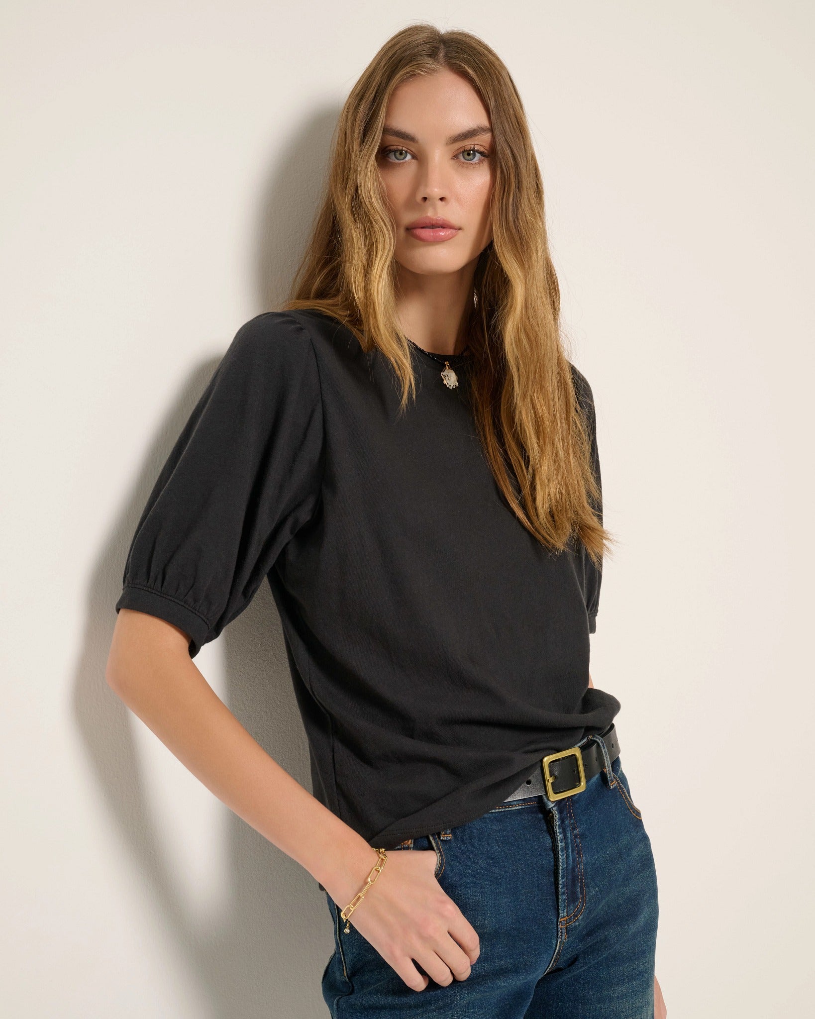Faded Black $|& SEAS Meadow Shirred Sleeve Tee - SOF Front