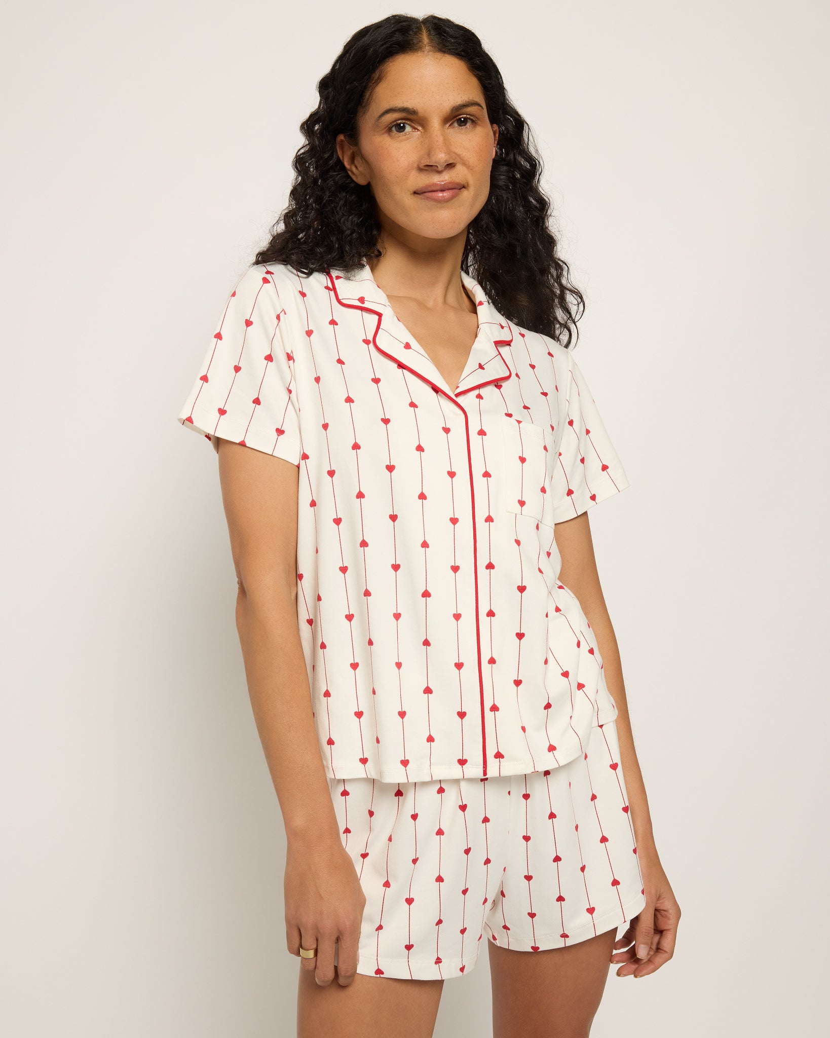 Red Hearts $|& Bobeau Butter Knit Brushed DTY Printed V-Neck and Short Set - SOF Front