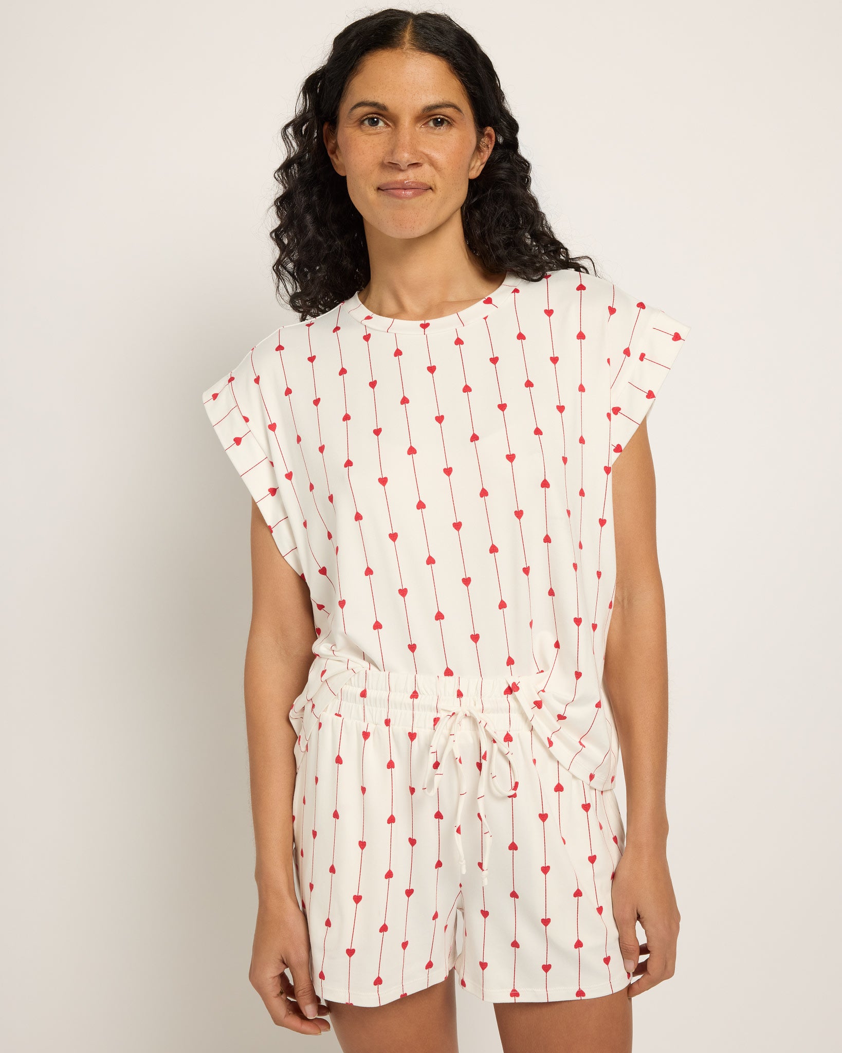 Red Hearts $|& Bobeau Butterknit Boxy Tee with Side Slit Shorts - SOF Front
