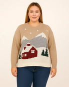 Taupe $|& Dreamers Crewneck Snowy Barn Sweater - VOF Detail