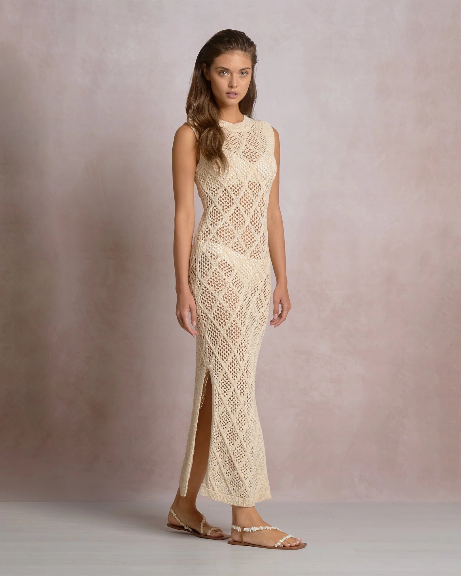 Natural $|& Elan Open Weave Cover Up Dress - Hanger Front