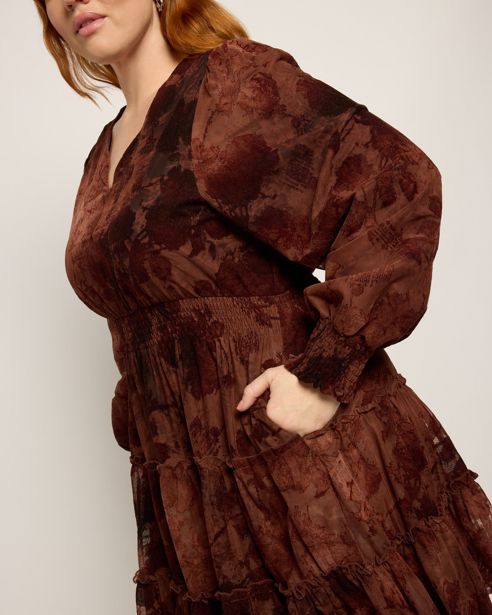 Red/Rose $|& Mika Rose Maxi Velvet Floral Holiday Dress - SOF Full Front