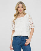 White $|& West Kei Eyelet Short Sleeve Woven Top - VOF Detail