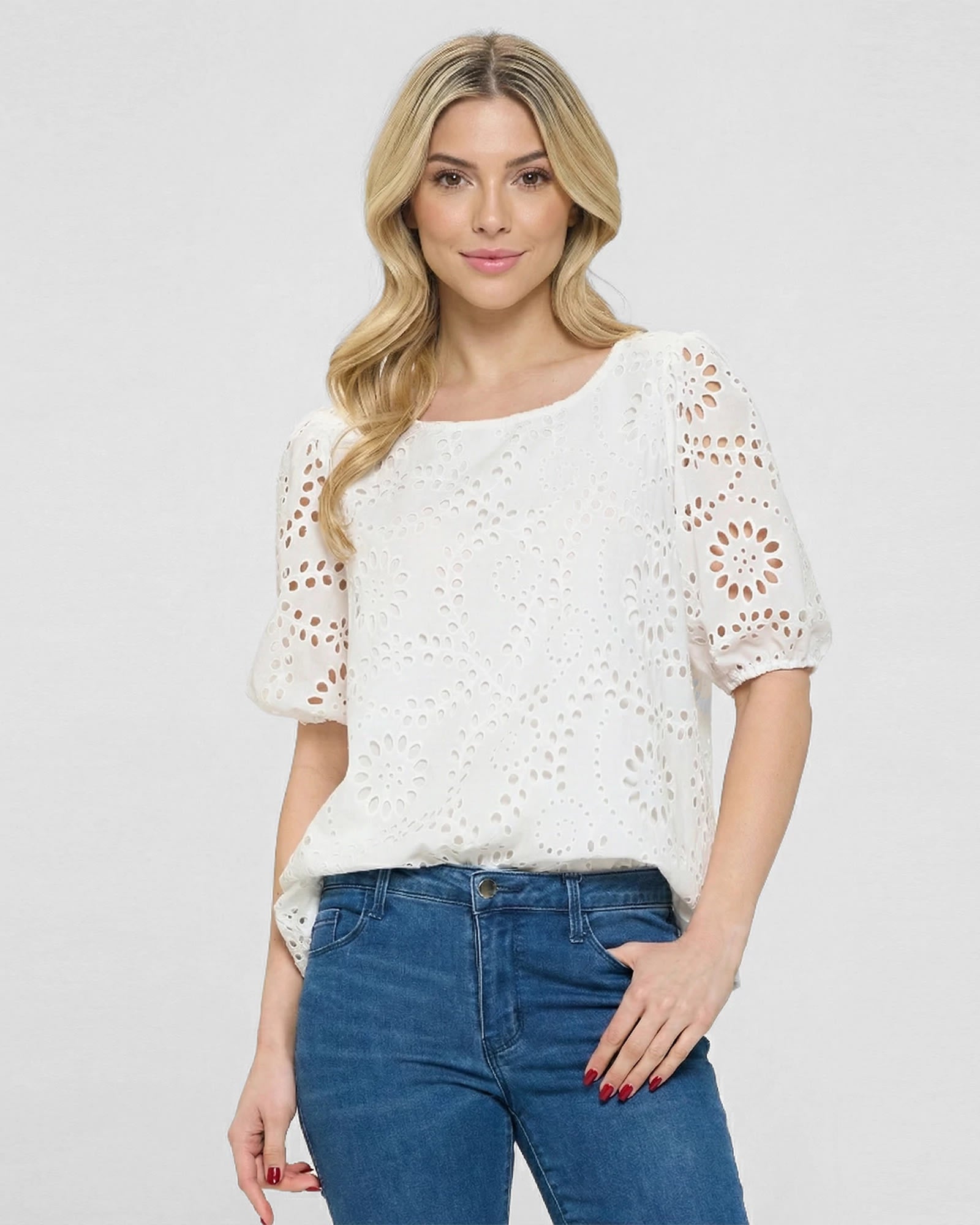 White $|& West Kei Eyelet Short Sleeve Woven Top - VOF Detail