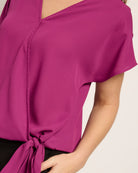 Plum $|& West Kei Solid Woven Short Sleeve Surplice Top - SOF Full Front