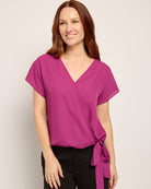 Plum $|& West Kei Solid Woven Short Sleeve Surplice Top - SOF Front