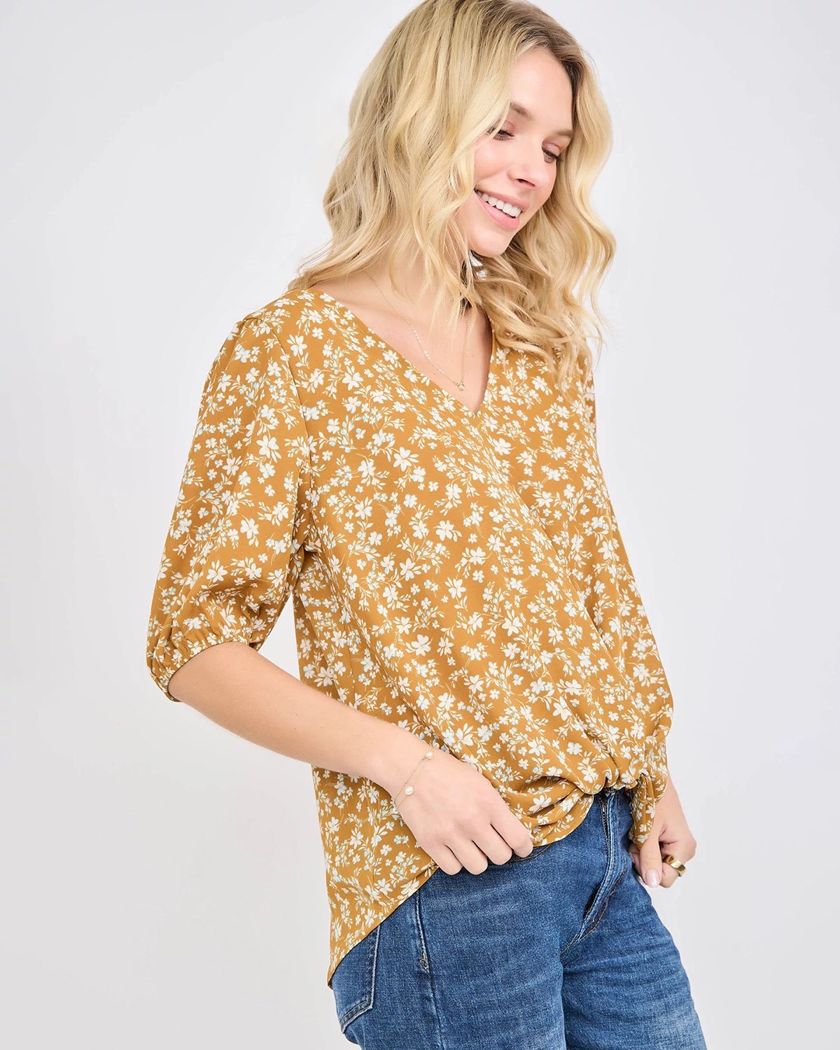 Mustard Brown Ditsy $|& West Kei Floral Woven Short Sleeve Twist Front Top - Hanger Front