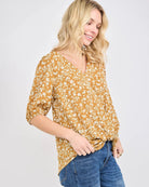 Mustard Brown Ditsy $|& West Kei Floral Woven Short Sleeve Twist Front Top - Hanger Front