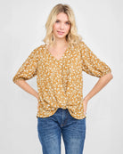Mustard Brown Ditsy $|& West Kei Floral Woven Short Sleeve Twist Front Top - VOF Detail