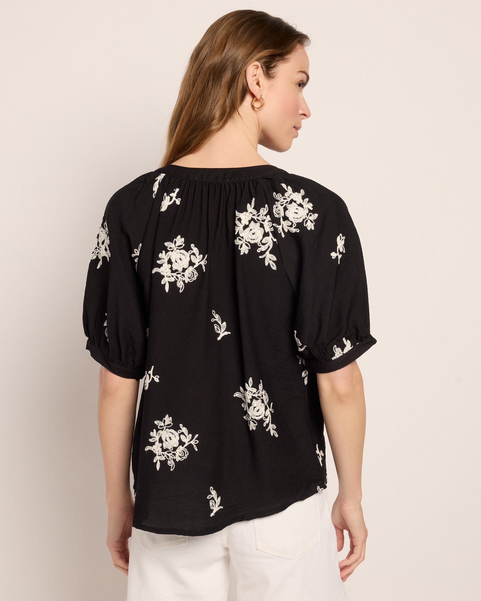 Black/White $|& West Kei Embroidered Woven Short Sleeve Blouse - SOF Back