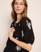 Black/White $|& West Kei Embroidered Woven Short Sleeve Blouse - SOF Full Front