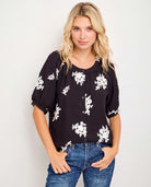 Black/White $|& West Kei Embroidered Woven Short Sleeve Blouse - VOF Detail