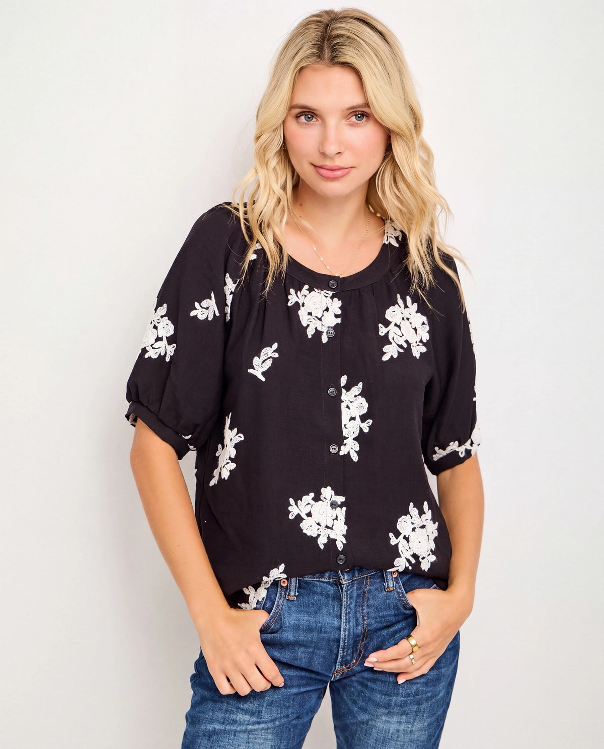 Black/White $|& West Kei Embroidered Woven Short Sleeve Blouse - VOF Detail