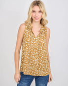 Mustard Brown Ditsy $|& West Kei Sleeveless Floral Woven Top with Neck Tie - VOF Detail