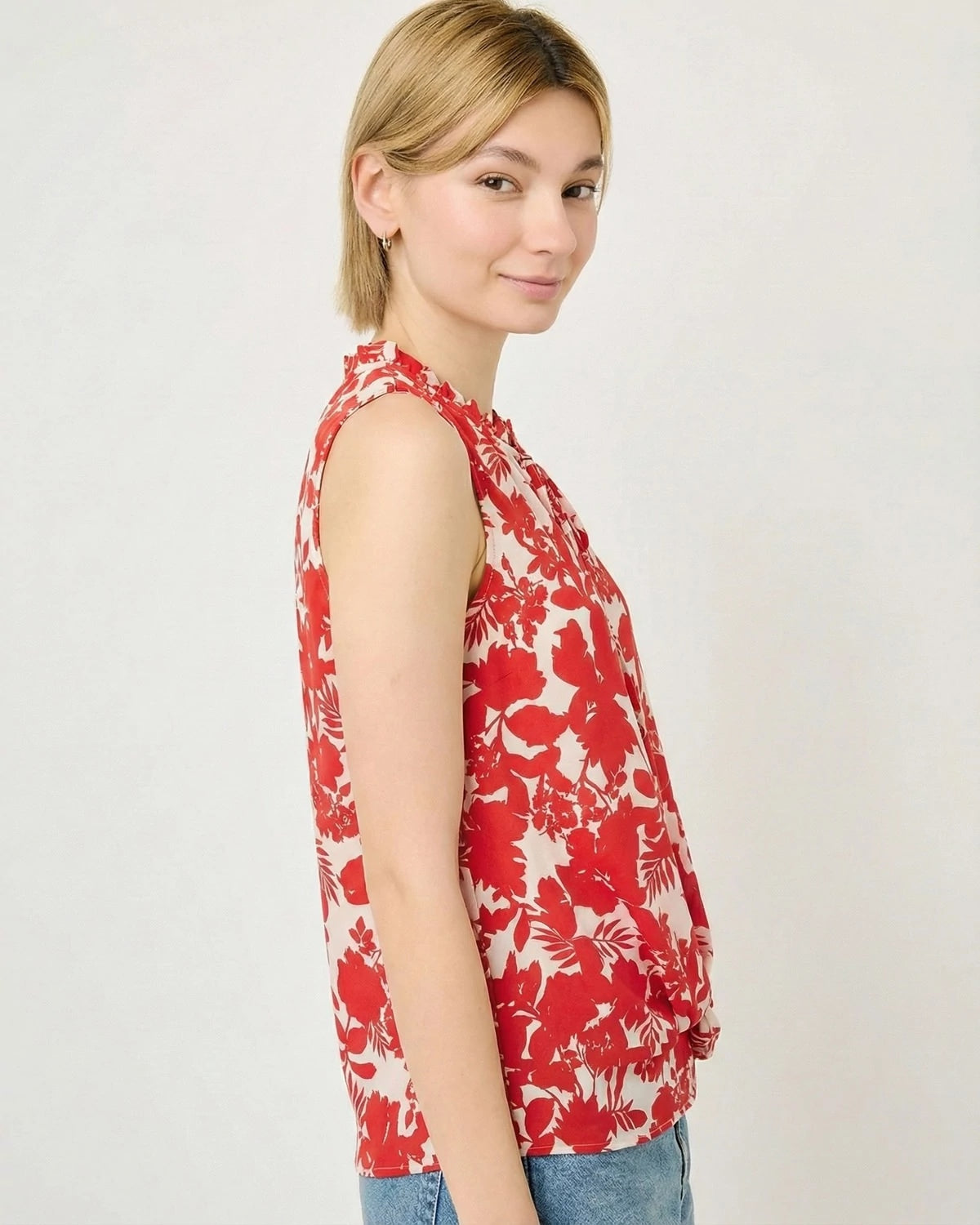 Red/Ivory $|& West Kei Sleeveless Floral Woven Top with Neck Tie - Hanger Front