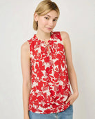 Red/Ivory $|& West Kei Sleeveless Floral Woven Top with Neck Tie - VOF Detail