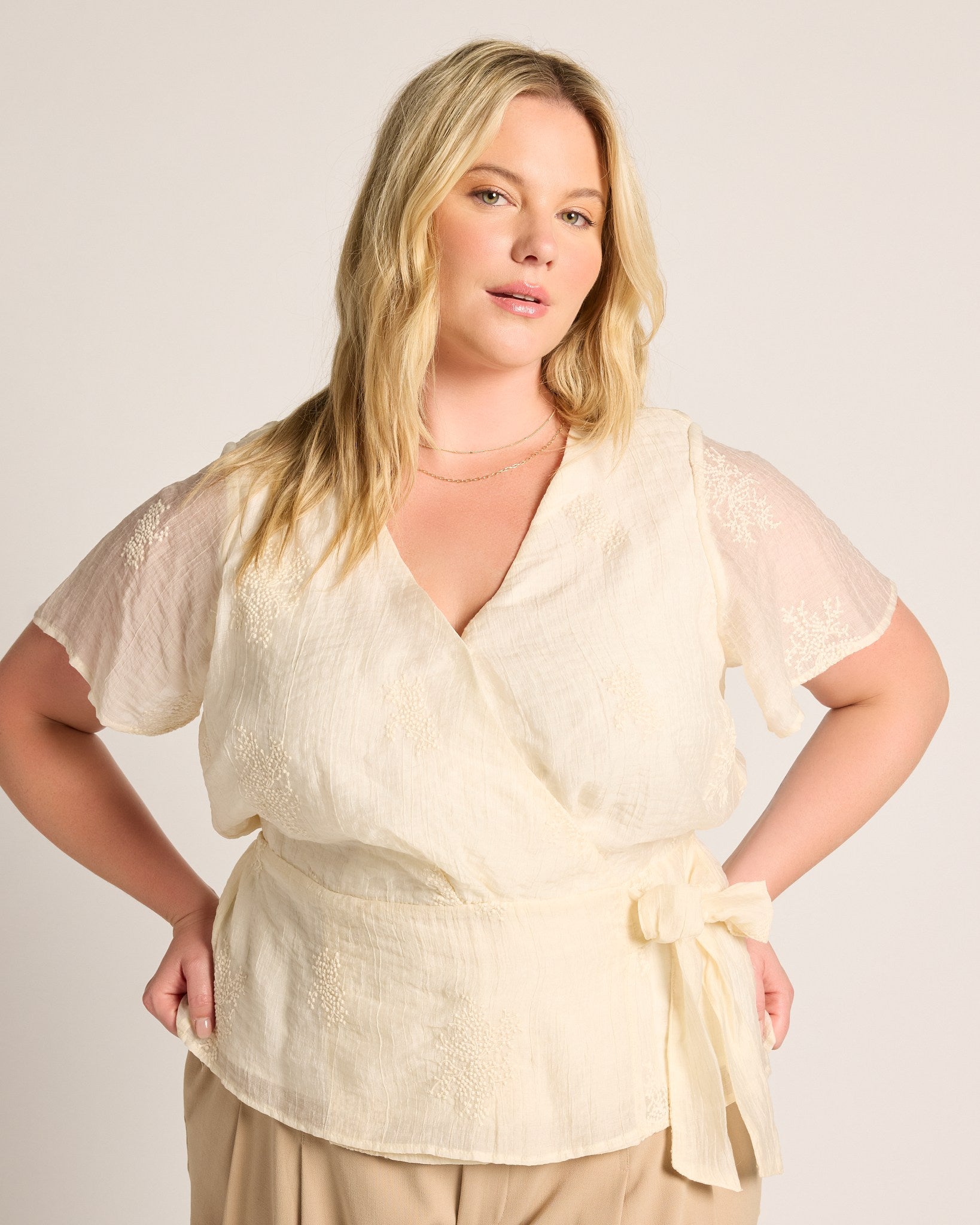 Cream $|& Liverpool Short Sleeve Wrap Front Woven Top - SOF Front