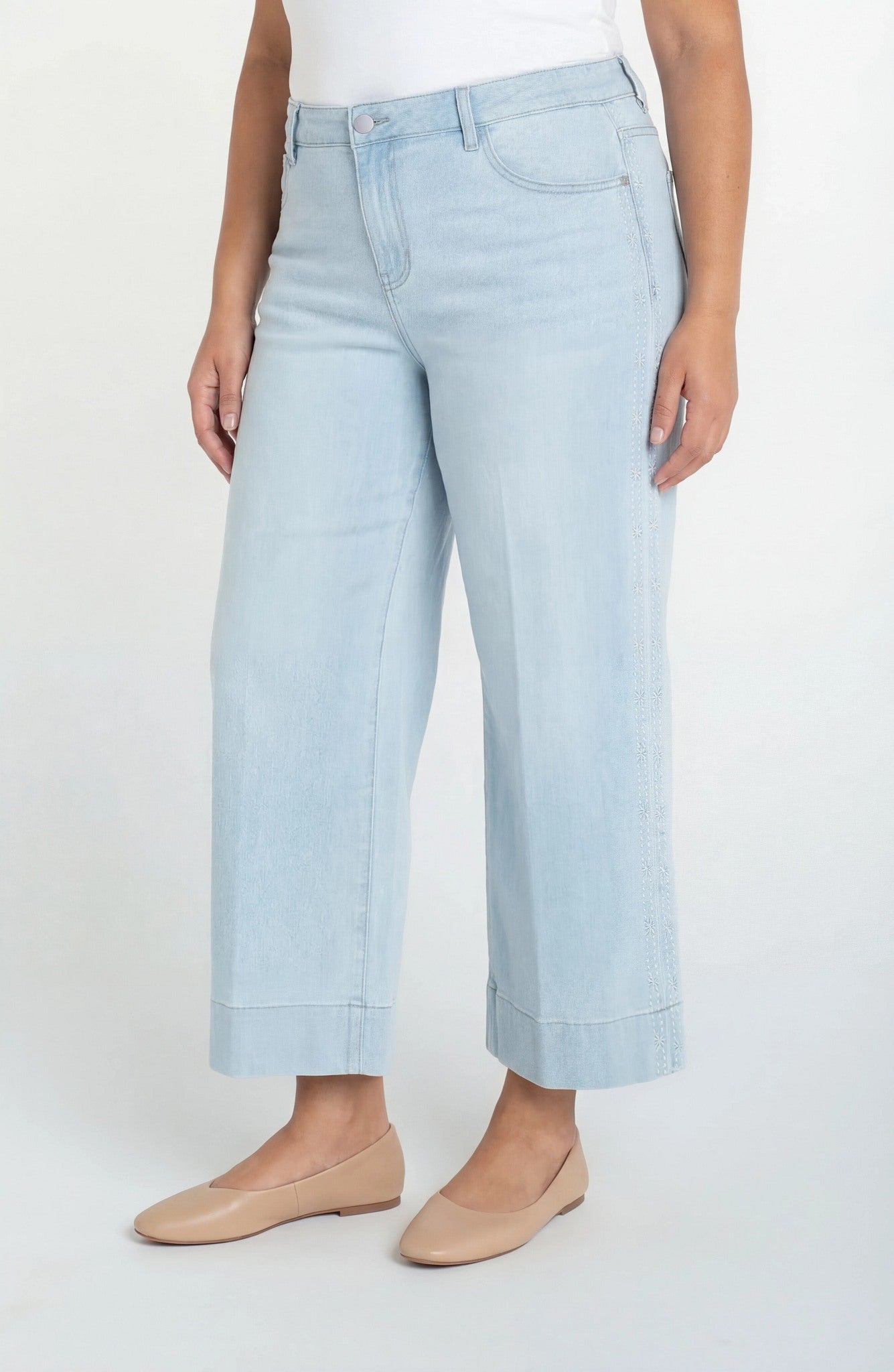 Marine Flowers $|& Liverpool Stride Crop Wide Leg with Embroidered Side Seam - VOF Detail
