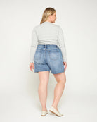 Vintage Blue $|& Mica Denim High Rise Raw Hem Denim Shorts - Hanger Side