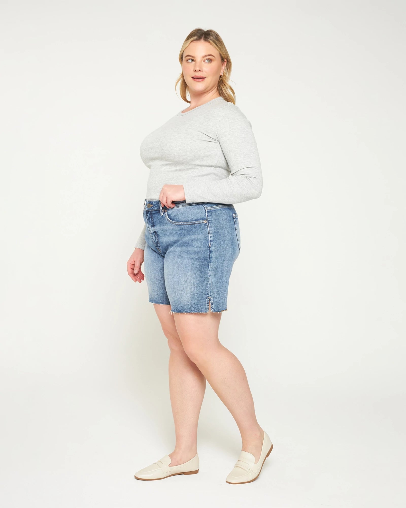 Vintage Blue $|& Mica Denim High Rise Raw Hem Denim Shorts - Hanger Front