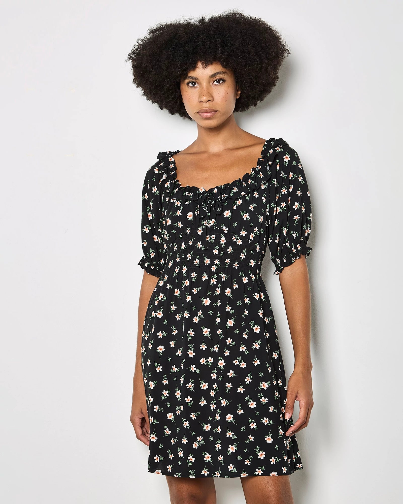 Black $|& Apricot Floral Milkmaid Frill Mini Dress - VOF Detail
