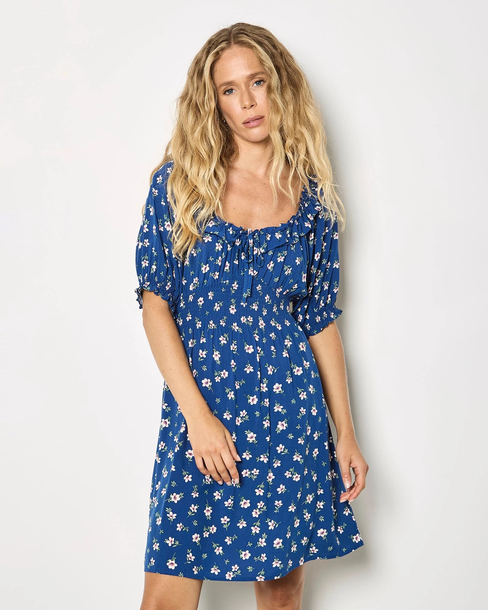 Blue $|& Apricot Floral Milkmaid Frill Mini Dress - VOF Detail