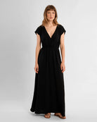 Black $|& Molly Bracken Solid Short Sleeve Wrap Dress - VOF Detail