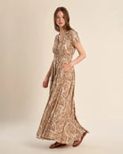 Camel Mathilde $|& Molly Bracken Printed Short Sleeve Maxi Dress - Hanger Front