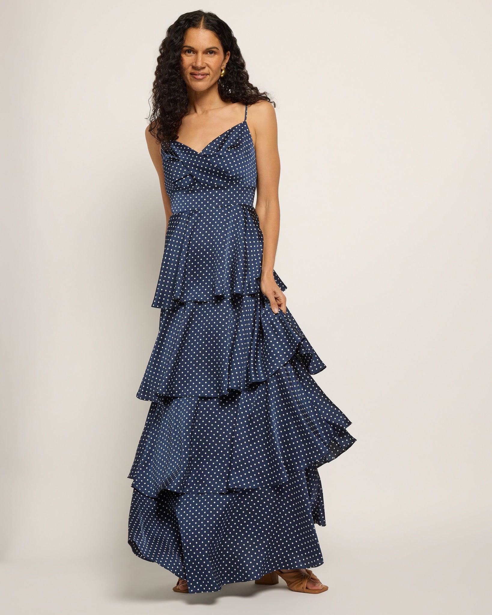 Navy White $|& Skies Are Blue Polka Dot Tiered Dress - SOF Front