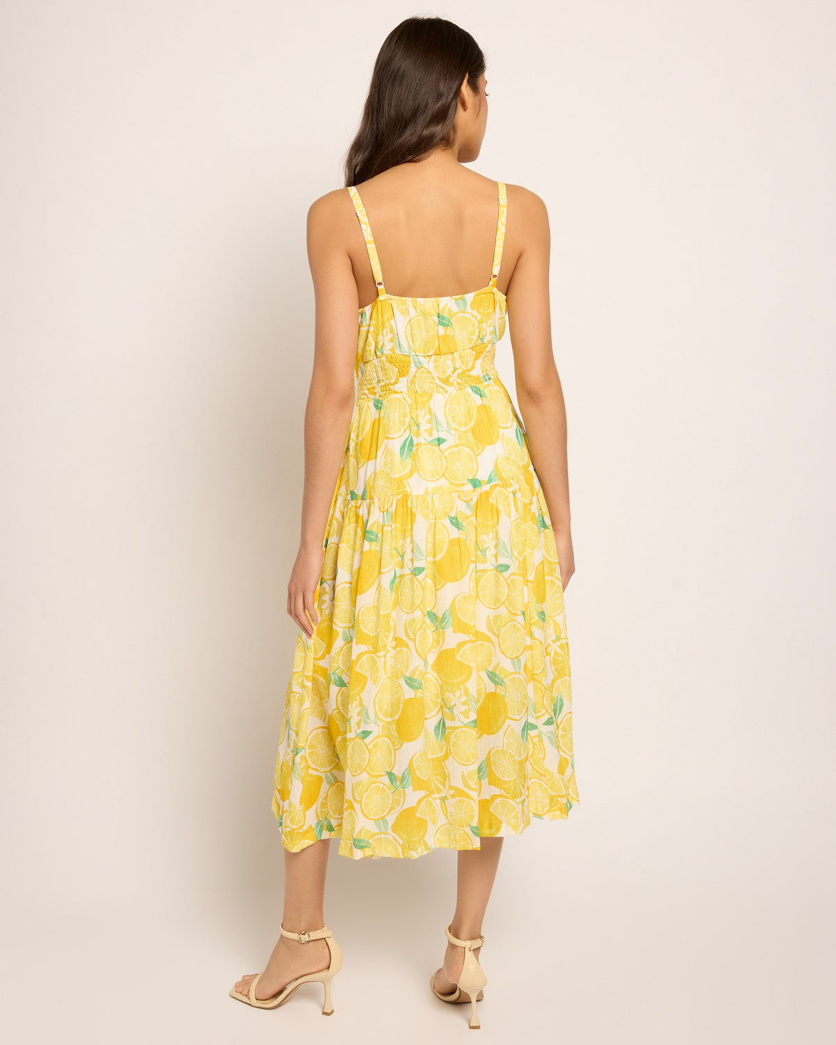 White-Yellow $|& Skies Are Blue Lemon Print Midi Dress - SOF Back