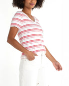 White Cherry Rose Stripe $|& Liverpool V-Neck Stripe Knit Tee - Hanger Front