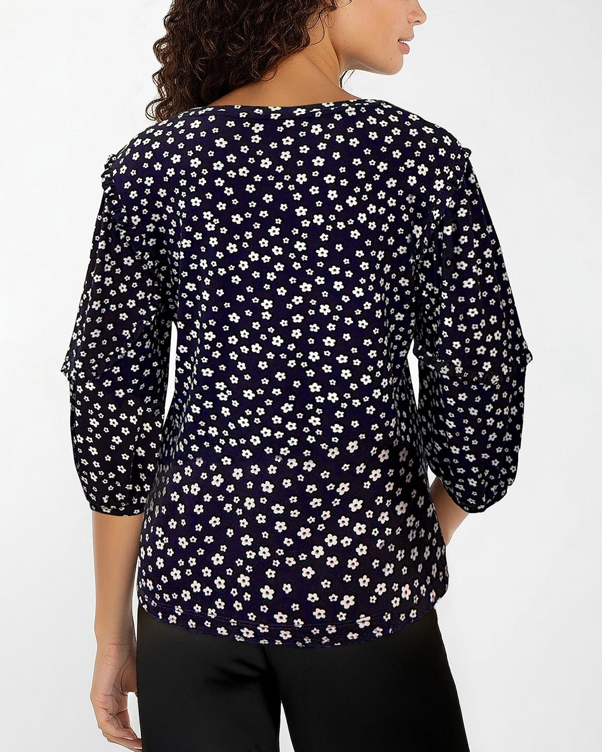 Navy/White Ditsy $|& Liverpool Floral Scoop Neck Top with Ruffle Sleeve - Hanger Side