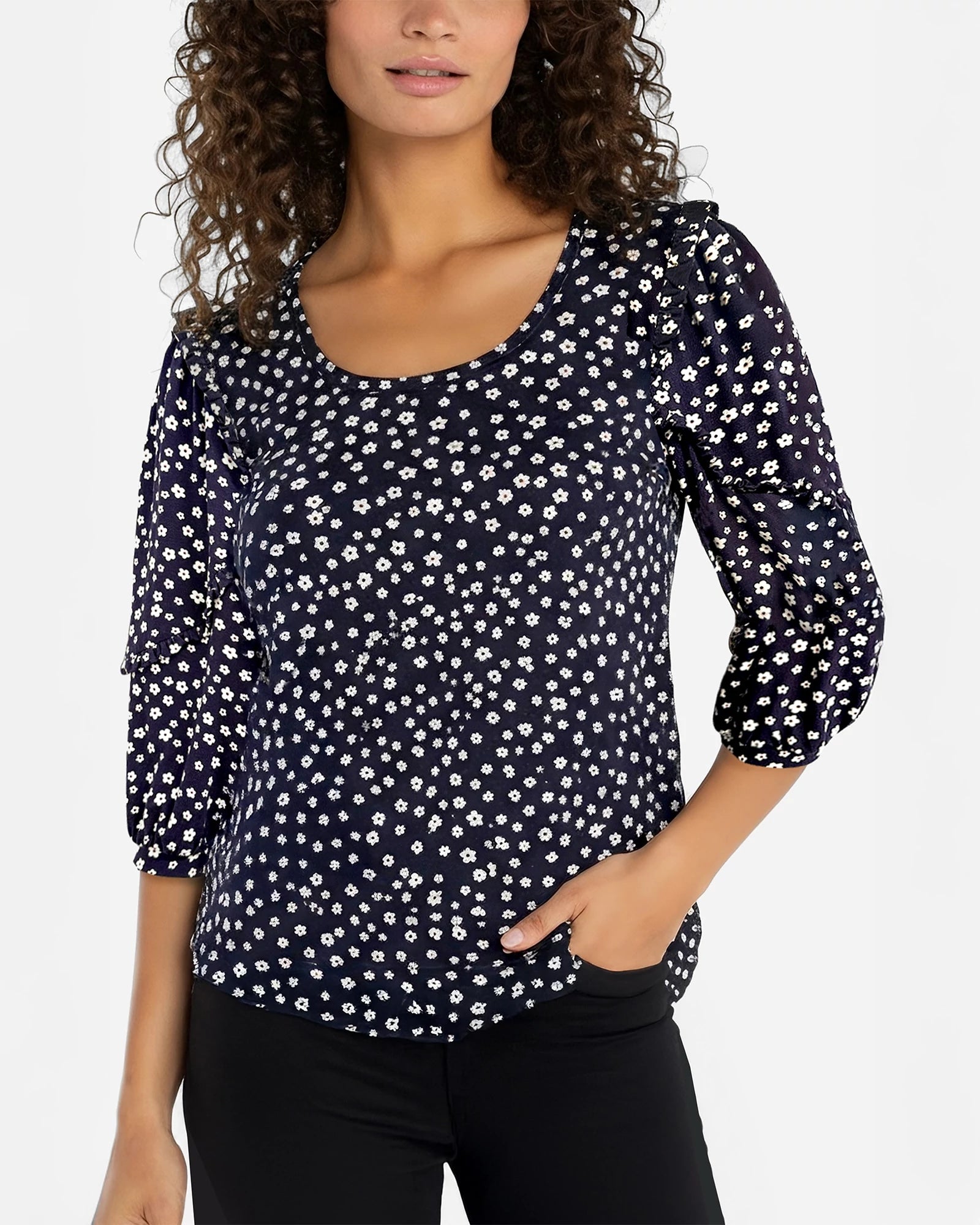 Navy/White Ditsy $|& Liverpool Floral Scoop Neck Top with Ruffle Sleeve - VOF Detail