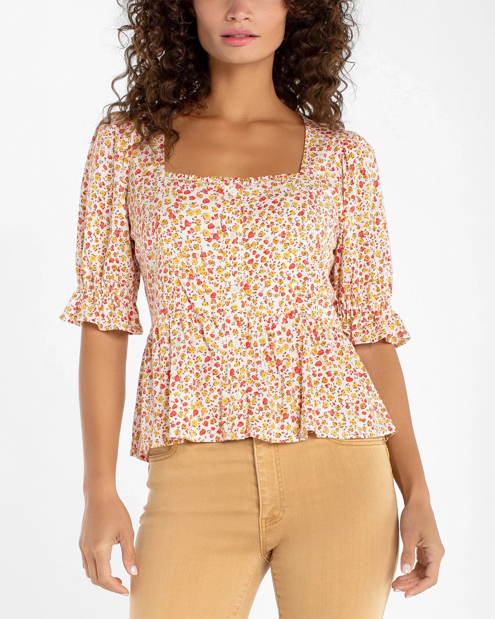 Pristine Multi $|& Liverpool Ruffle Sleeve Square Neck Top - VOF Detail