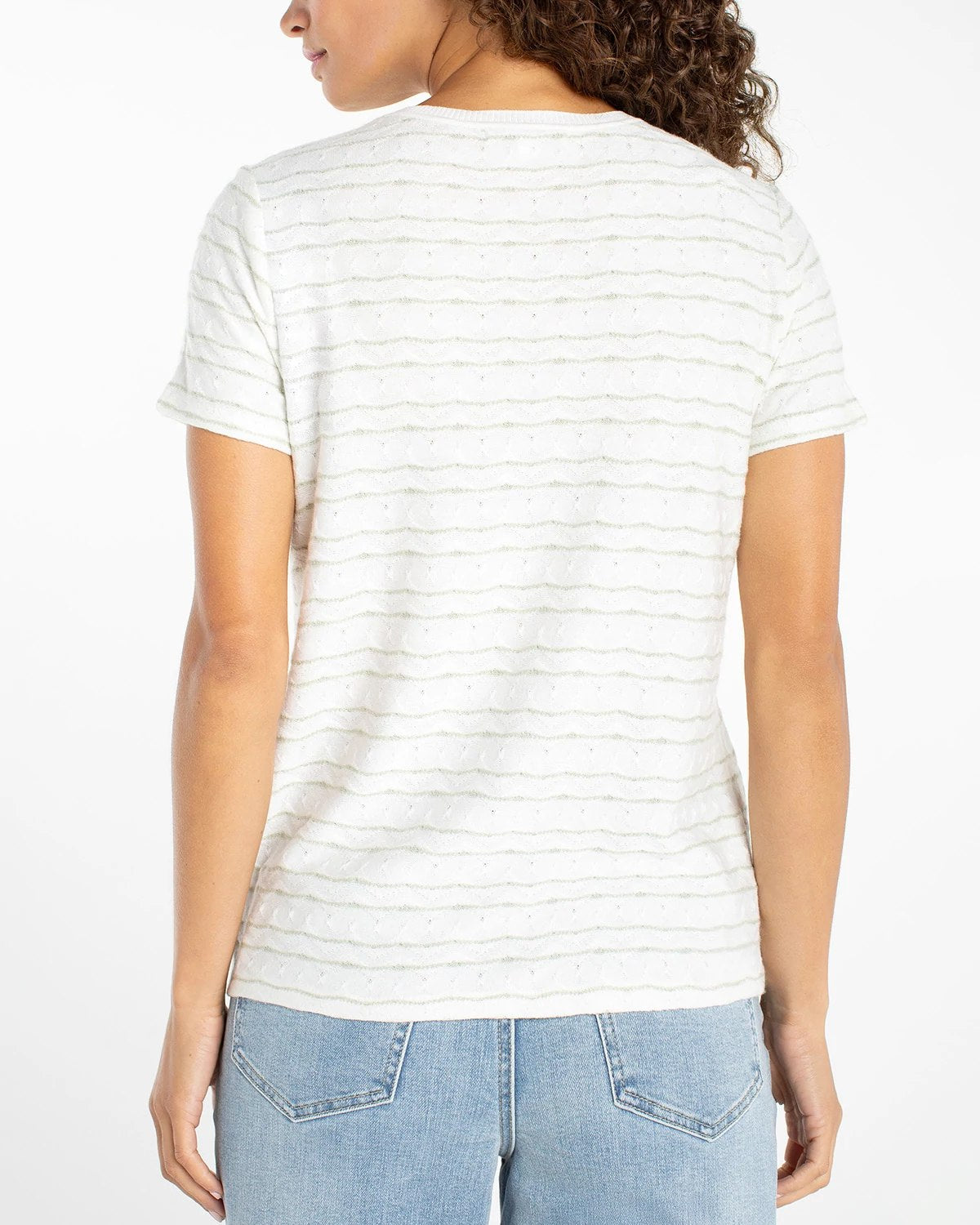 Bone/Matcha Green Wavy Stripe $|& Liverpool Crew Neck Knit Tee with Ribbed Trim - Hanger Side