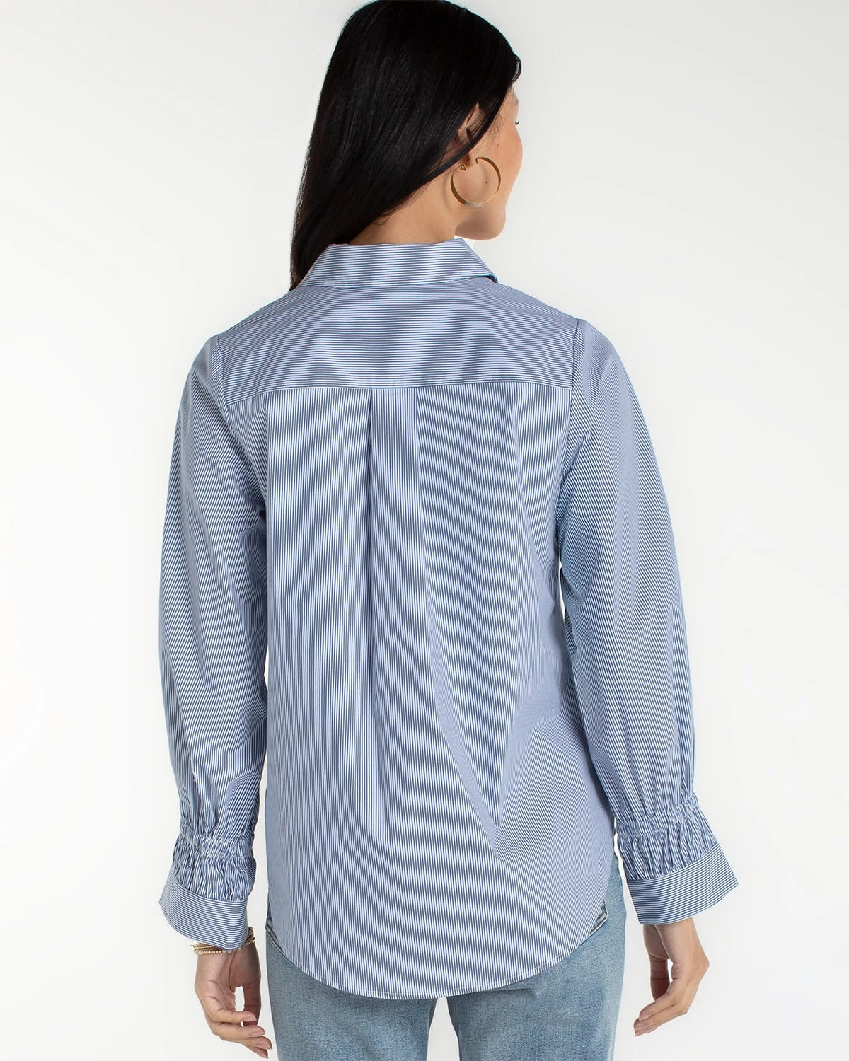 Blue/White Mini Stripe $|& Liverpool Adjustable Sleeve Button Front Woven Top - Hanger Side