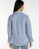 Blue/White Mini Stripe $|& Liverpool Adjustable Sleeve Button Front Woven Top - Hanger Side