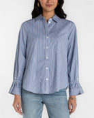Blue/White Mini Stripe $|& Liverpool Adjustable Sleeve Button Front Woven Top - VOF Detail